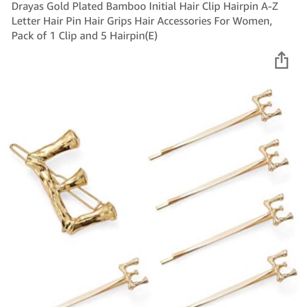 Brand new unopened Drayas Gold plated letter E hair clip and pins.